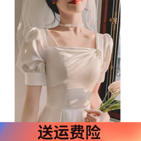麦斯贝思白色小个子礼服女宴会晚礼服裙气质缎面领证登记平时可穿法式白裙 白色