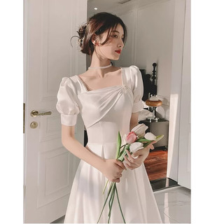 麦斯贝思白色小个子礼服女宴会晚礼服裙气质缎面领证登记平时可穿法式白裙 白色 XS     75-85斤