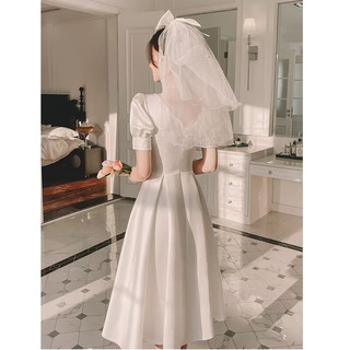 麦斯贝思白色小个子礼服女宴会晚礼服裙气质缎面领证登记平时可穿法式白裙 白色 XS     75-85斤