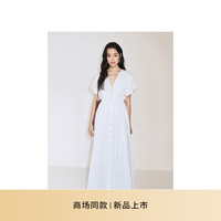 ochirly欧时力 纯棉A字连衣裙女荷叶袖气质法式2024秋季 白色 XS