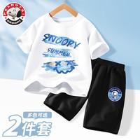 史努比男童夏装套装纯棉两件套男孩短袖短裤2024运动儿童篮球服 海洋努比白+航空努比K黑 130