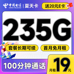 CHINA TELECOM 中国电信 夏天卡 首年19元月租（235G全国流量+100分钟通话+畅享5G）激活送20元E卡