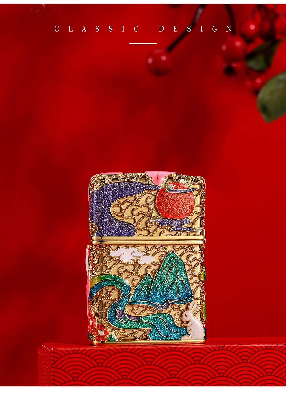 ZIPPO打火机九尾狐镀金花丝夜光珐琅彩zippo打火机芝宝兔年送礼礼盒夜光