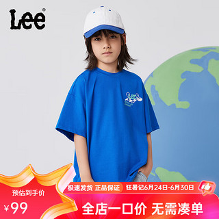 Lee儿童圆领短袖T恤2024男女童夏季款前胸印花纯棉舒适运动上衣童装 海蓝色 140cm
