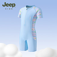 Jeep儿童泳衣男童女童连体防晒短袖中大童夏季游泳套装 浅蓝 120