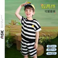 ASK JUNIOR男童套装2024夏装运动假两件短袖T恤休闲短裤小童两件套 黑白条纹 90