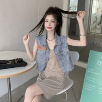 Jret  潮流短款贴标牛仔马甲女外搭2023新款叠穿时尚坎肩马夹小背心 浅蓝色