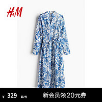 H&M女装裙子2024夏季腰部系带衬衫式连衣裙1236832 白色/蓝色花卉 170/116 XL