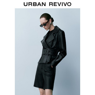 URUR秋冬女装时尚气质可拆卸腰带设计感皮衣外套UWG130073 正黑