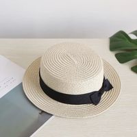十方秀才草帽女夏天英伦复古平顶小清新礼帽遮阳防晒沙滩帽子出游潮夏 平顶爵士蝴蝶结-米色