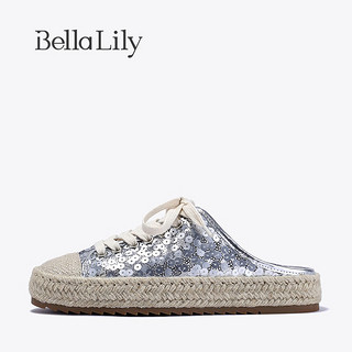 Bella Lily2024夏季外穿半包拖鞋女亮片原创渔夫鞋一脚蹬板鞋 银色 35
