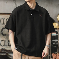 玩爆街区(cruel street)纯棉美式休闲短袖POLO衫男宽松夏季薄款体恤ins潮牌日系半袖上衣 黑色 5XL