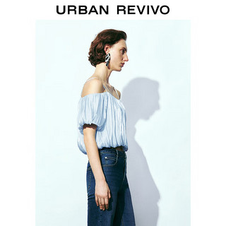 URBAN REVIVO 女装魅力褶皱蓬蓬一字领露肩吊带衫 UWG240123 浅蓝 XL