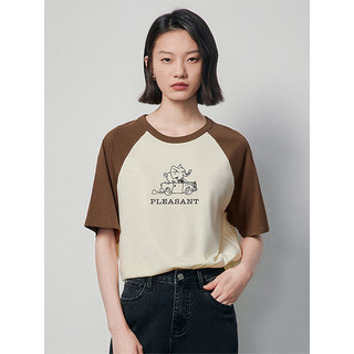 初语复古撞色短袖T恤女2024年夏季宽松纯棉上衣 咖啡-杏色-大象 XL