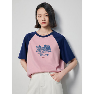 初语复古撞色短袖T恤女2024年夏季宽松纯棉上衣 宝蓝-粉色-马车字 L