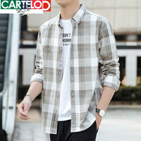卡帝乐鳄鱼(CARTELO)春夏季男士纯棉长袖衬衫格子宽松休闲衬衣上衣服男装外套潮流 黄格 XL