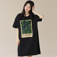 猫人女士睡衣女春夏款套头睡裙100%棉家居服可外穿大T恤 黑色