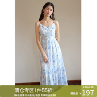 独束大码女装浪漫度假风吊带连衣裙微胖mm夏日清新多彩碎花裙 海岛蓝 1
