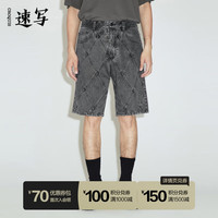 速写男装夏新品牛仔复古水洗短裤个性拼接直筒裤子短款 990牛仔黑