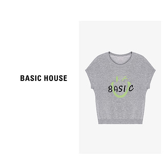 Basic House/百家好夏季潮流卡通印花薄款女士针织衫-B0624B5Z122 灰色 S90-110斤