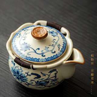 唐丰手抓壶汝窑二才盖碗大号复古青花陶瓷开片功夫茶具单人泡茶壶茶碗 米黄繁花荷韵手抓壶 230ml