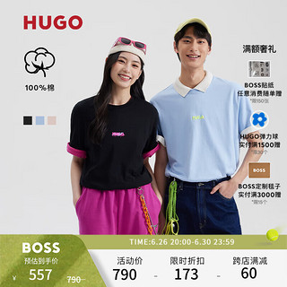 HUGO【100%棉 男女同款】 24夏季双图案宽松棉质短袖T恤 455-蓝色 XS