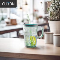 CLITON浮雕玻璃吸管杯 办公室水杯咖啡杯男女士水杯茶杯大容量400ml