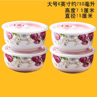 凌艾 搪瓷保鲜盒陶瓷保鲜碗套装带盖微波炉密封碗 玫瑰花【3个套装大中小】 15cm