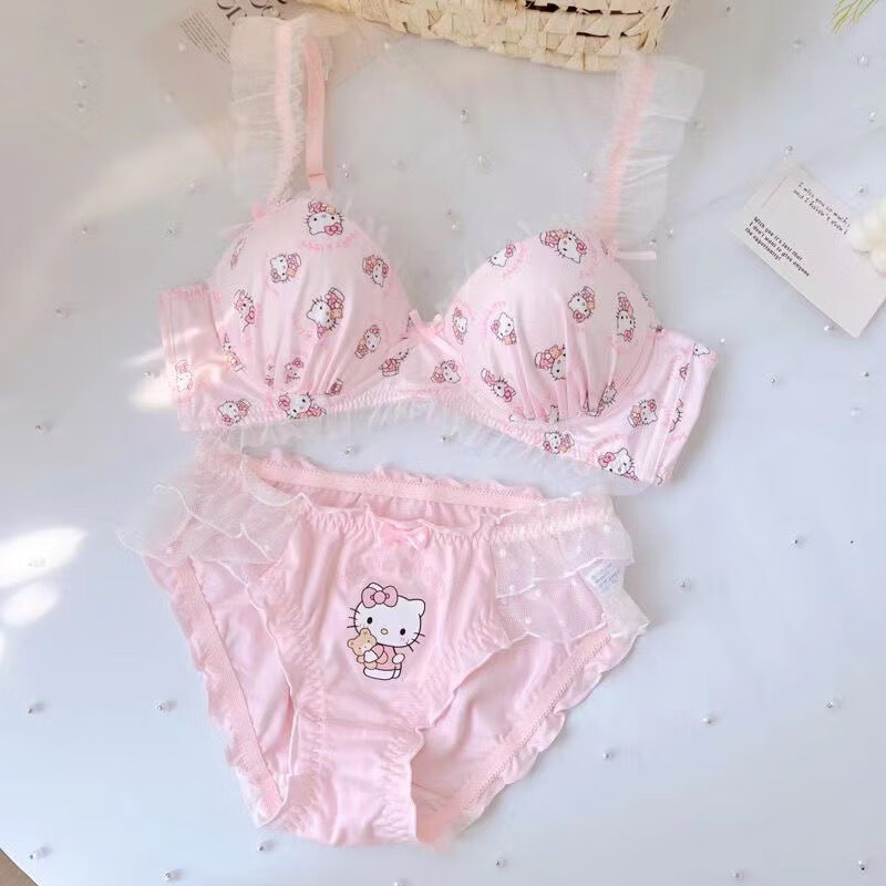 云大师软萌kt日系少女薄款甜美蝴蝶结无钢圈内衣小胸聚拢胸罩套装甜美 Kitty粉色【文胸套装】 M码（适合34/75AB）