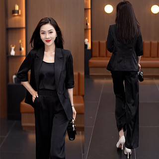 艾靖雅小西装套装女装夏季气质高级感职业装时尚洋气正装西服外套三件套 黑色 3XL（140-150斤）