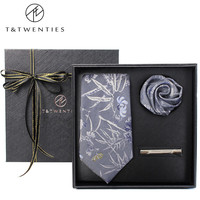 T&Twenties薄雾灰.优雅中国风男士领带正装品牌灰色真丝8cm手打款桑蚕丝复古 真丝领带+口袋巾+领带夹 套装