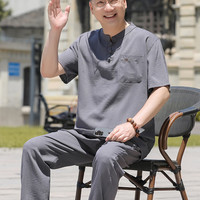 KLSJLA父亲节中年爸爸夏装套装2024短袖t恤冰丝中老年爷爷唐装艾伊 深灰色冰丝透气 5XL190-200斤