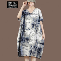 简当夏装胖MM加大码女装复古V领民族风文艺宽松遮肉连衣裙9028 图色 大码均码