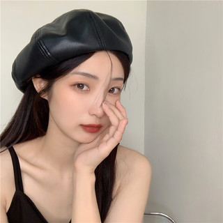 槿城 pu皮质纯色贝雷帽女拽酷街拍同款复古气质南瓜帽LF37 高品质pu皮~黑色 M（56-58cm）