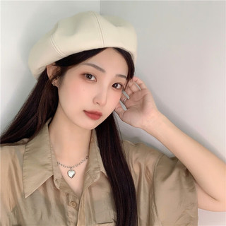 槿城 pu皮质纯色贝雷帽女拽酷街拍同款复古气质南瓜帽LF37 高品质pu皮~黑色 M（56-58cm）