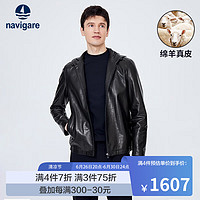 Navigare意大利小帆船皮衣男春季羊皮保暖外套连帽防风机车服 暗夜黑 M/48