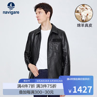 Navigare意大利小帆船真皮皮衣男春季羊皮革工装服翻领休闲外套 暗夜黑 XL/52