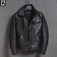 ZSAQ高端品牌男装日系复古男装外套水洗旧化头层牛皮翻领机车夹克真皮单皮衣男春秋 头层牛皮
