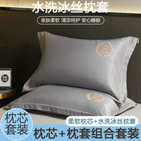 雅鹿夏季冰丝枕套+枕芯一对套装成人枕头睡觉颈椎枕单人宿舍男枕 夏月-河豚灰【清爽不黏腻】 冰丝枕套*2+枕芯*2