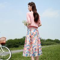 24夏季短袖针织衫薄款设计感短款圆领上衣碎花半身裙时尚套装