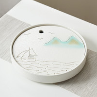 琦轩源小型茶盘储水家用沥水泡茶托盘茶台圆形茶具陶瓷面茶托台 一帆风顺圆茶盘(白底小号)