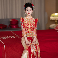 枝己秀禾服新娘2024新中式结婚礼服古装嫁衣敬酒服龙凤褂婚服旗袍 HF011大摆(可铺床) XL