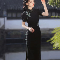 杜艳枝2024春夏 针织提花刺绣竹子中长款旗袍新中式高端气质女旗袍 黑色 XL 110-120斤