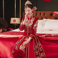 泰勒马丁(TAILEMARTIN) 丝绒秀禾服新娘2024中式婚服结婚礼服古装敬酒服小个子可穿 双凤戏珠双袖 L