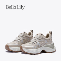 Bella Lily2024夏季新款韩版牛皮老爹鞋女透气松糕鞋增高运动鞋子 白色 36