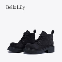 Bella Lily2024复古黑色马丁靴女增高厚底牛皮短靴时装工装靴 黑色 35