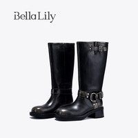 Bella Lily2024机车牛皮高筒靴女增高时装靴小个子英伦骑士靴 黑色 35
