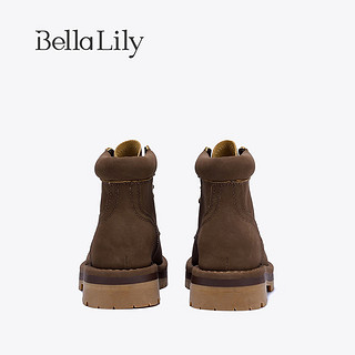 Bella Lily2024秋季休闲厚底马丁靴女牛皮复古短靴帅气工装靴 棕褐色 35
