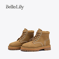 Bella Lily2024秋季牛皮英伦短靴女小个子马丁靴时尚大黄靴子 土黄色 35