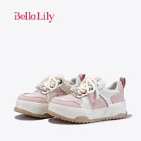 Bella Lily2024春季拼色牛皮休闲鞋女小个子板鞋厚底运动鞋子 粉色 35